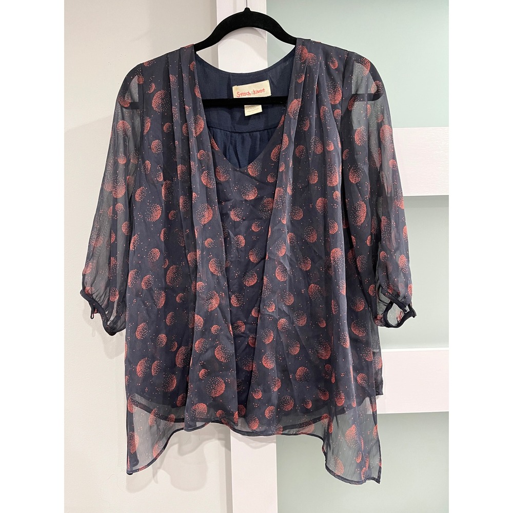 Stitch Knot Women's Navy Blue Coral‎ Dot Sheer Overlay 3/4 Sleeve Top Size S